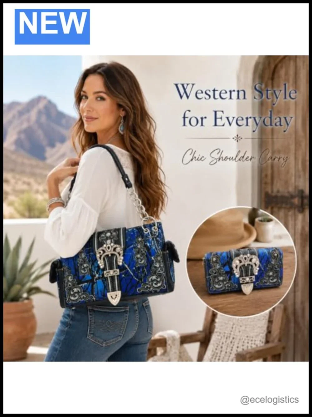 Western Camouflage Shoulder Handbag and Wallet Set, Faux Leather, Rhinestone